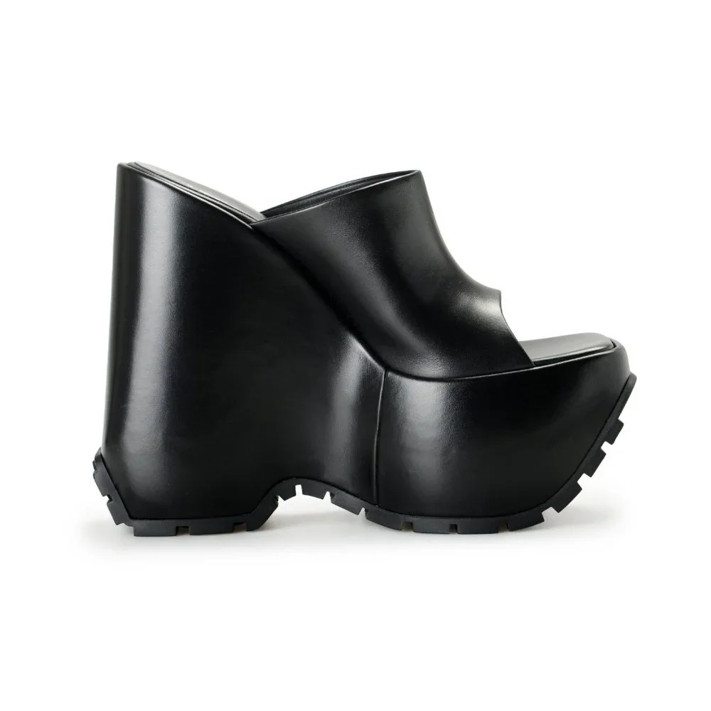 Versace Women's Black Leather Platform Mule Sandals Shoes